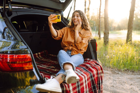Happy Woman is resting in trunk of car and taking selfie. Selfie time. Lifestyle, travelの写真素材