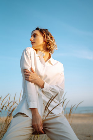 Stylish woman enjoying outdoor. Fashion, style concept. People, lifestyle, relaxationの写真素材