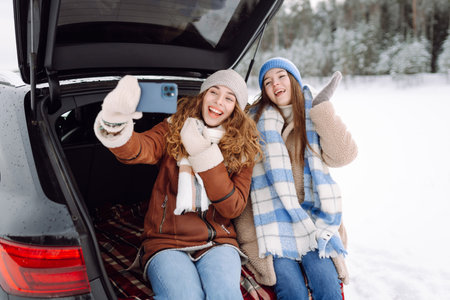 Two women sitting in the trunk of car and taking selfie on background of snow-covered winter forestの写真素材