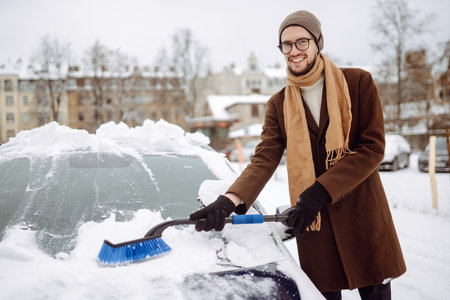 Portrait of smiling man cleaning snow off his car during winter snowfall. Transport, weather conceptの写真素材