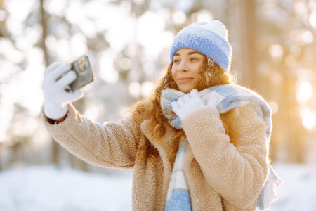 Young woman in a bright hat and scarf with a phone in a snowy forest.の写真素材