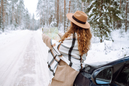 Happy woman in hat with map near the car on a snowy winter road in the forest. Car travel concept.の写真素材