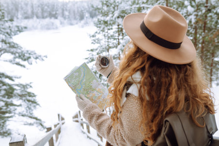 Woman is wearing a winter jacket, hat, scarf and backpack. Enjoying winter travel. Active lifestyle.の写真素材