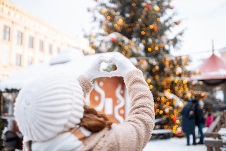 Young woman holding hands in the shape of a heart against the background of a Christmas tree.