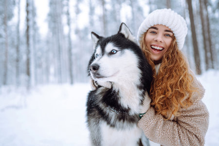 Cute woman spends time with her husky dog in the winter snowy forest.の写真素材
