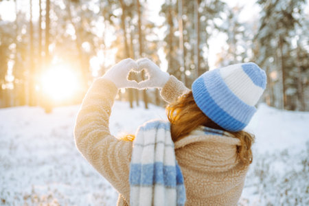 Woman in hat and scarf against backdrop of snowy winter forest holds hands in the shape of a heart.の写真素材