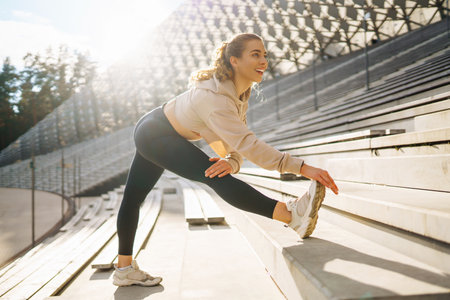 Fitness woman in fashionable sportswear is doing sports outdoors. The concept of active lifestyle.の写真素材