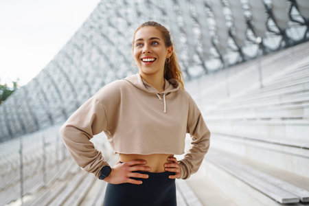 Fitness woman in fashionable sportswear is doing sports outdoors. The concept of active lifestyle.の写真素材