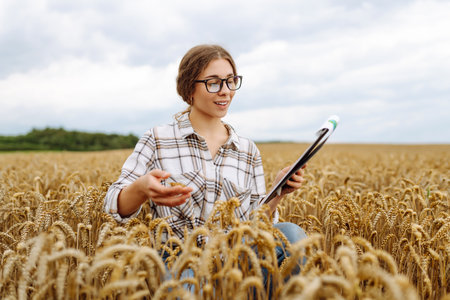 Young female farmer checking crop growth with clipboard in golden wheat field. Smart farming.