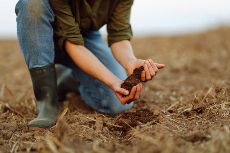 A young woman farmer holds soil in hand on an agricultural field.