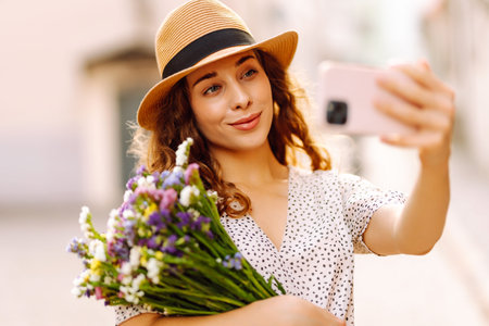 Selfie time. Young woman with a bouquet of wild flowers posing on the street. Fashion style.の写真素材