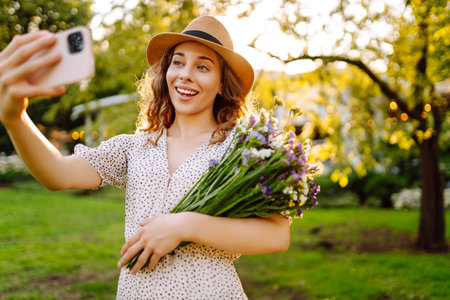 Young woman with blossoming flower bouquet taking selfie on cellphone outdoor. Blogging concept.の写真素材
