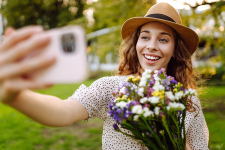 Young woman with blossoming flower bouquet taking selfie on cellphone outdoor. Blogging concept.の写真素材