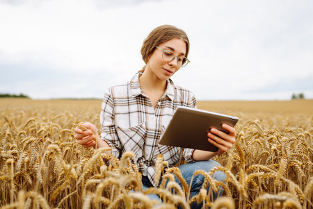 Woman farmer with digital tablet in agricultural field. Smart farm
