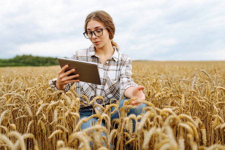 Woman farmer with digital tablet in agricultural field. Smart farm
