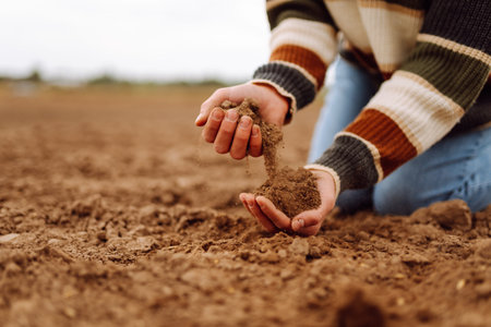 Young female farmer's hands touch dry soil in an agricultural field. Gardening and ecology concept.
