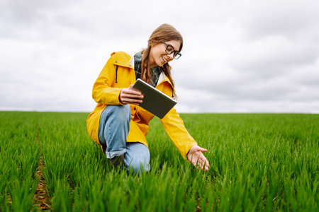 The woman agronomist uses a tablet, applications for monitoring the state of the field, plant