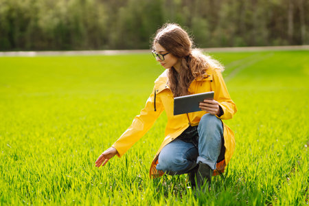 The woman agronomist uses a tablet, applications for monitoring the state of the field, plant