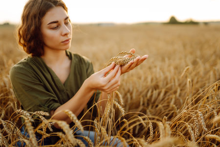 Woman farmer analyzes the harvest in a golden wheat field. Agronomist checks the progress of harvest