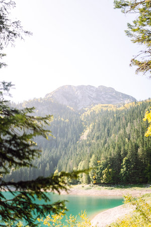 Incredible view in mountains of the lake. Rocky shore of mountain lake in the morning.