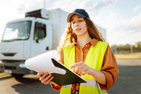Portrait of woman in casual clothes standing in front of truck. Transport industry
