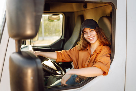 Portrait of beautiful young woman professional truck driver driving a big truck. Inside of vehicle
