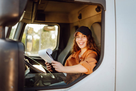 Portrait of beautiful young woman professional truck driver driving a big truck. Inside of vehicle