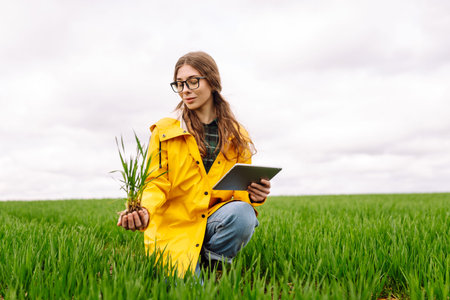 A young farmer woman in a yellow raincoat inspects a healthy plant crop in a green field