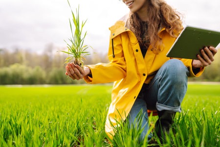 A young farmer woman in a yellow raincoat inspects a healthy plant crop in a green field