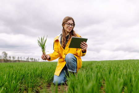 A young farmer woman in a yellow raincoat inspects a healthy plant crop in a green field