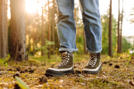 Hiker's boots stepping on a blanket of fallen autumnal orange leaves in the forest. Travelの写真素材