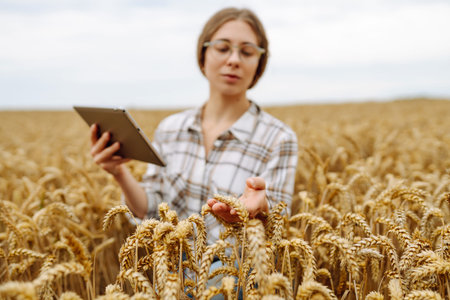 Woman agronomist in a field with a tablet checks the growth of the crop. New harvest concept.