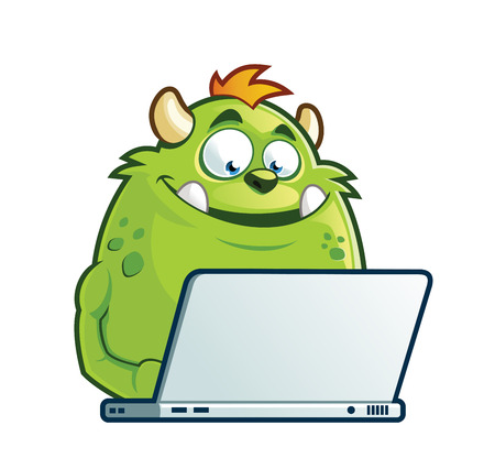 Cute green monster working on laptopのイラスト素材