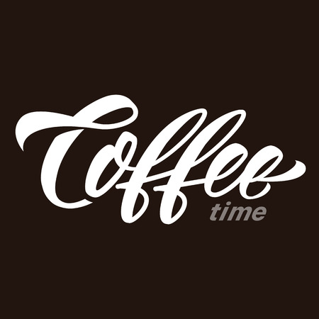 Hand lettering with coffee shop or cafe. Hand drawn typography phrase, isolated on black background.のイラスト素材