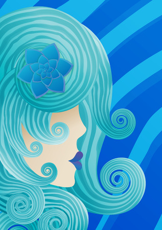 girl with blue curly hair, in the style of fashionのイラスト素材