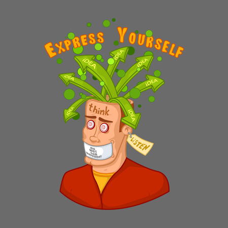 Emotional explosion of ideas. A man in search of ideas with an open head, silent not speak, listen. Cartoon, vector illustration, outline color.のイラスト素材