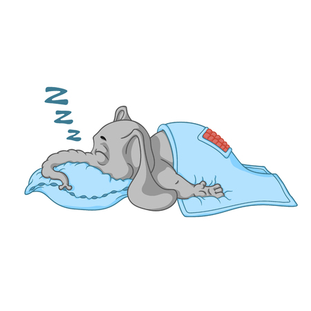 Elephant. Character. He sleeps with a deep sleep, covered with a blanket. Big collection of isolated elephants. Vector, cartoon.のイラスト素材
