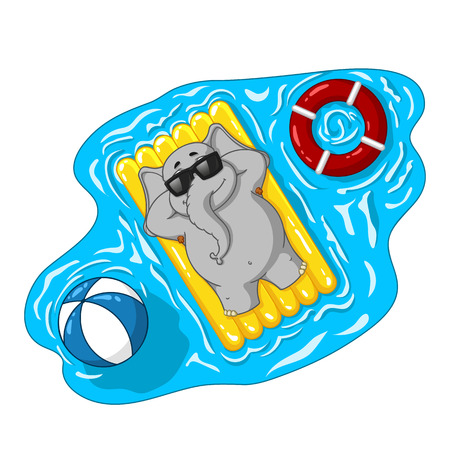 Elephant. Character. Summer, beach, happiness, sea, sun. On an inflatable mattress. Big collection of isolated elephants. Vector, cartoon.のイラスト素材