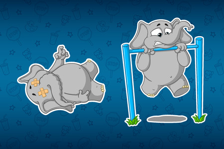 Stickers elephants. Turnstile to pull-up. It's hard for him. Lying corpse. Big set of stickers. Vector, cartoon.のイラスト素材