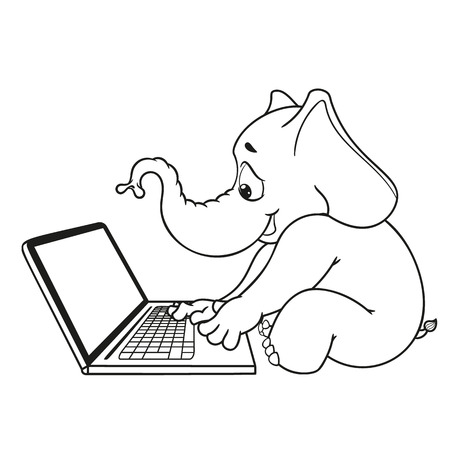 Elephant. Character. Sits at the computer. Work on the Internet. Communication in the network. Big collection of isolated elephants. Vector, cartoon.のイラスト素材