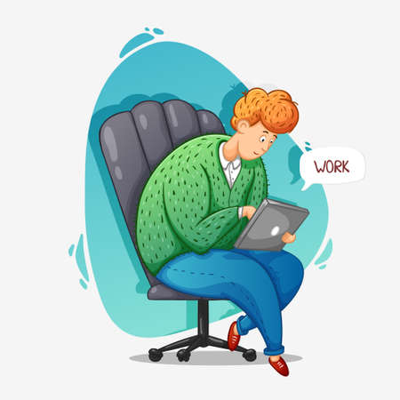 The guy works online at home. Distance work. Correspondence. Cartoon contour illustration in a vector.のイラスト素材