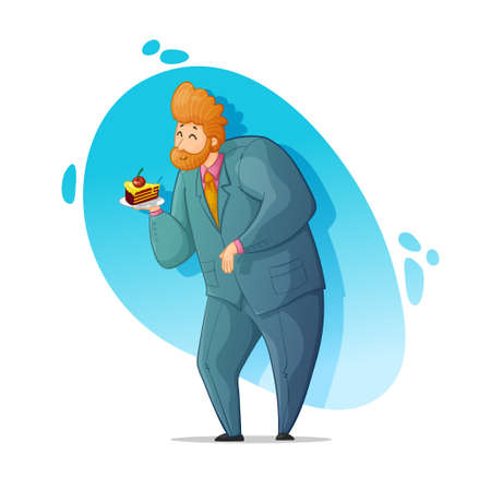 The guy holds the cake in his hands. Cake lover. Cartoon contour drawing in a vector.