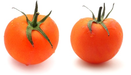 one ripe tomato. two different viewsの写真素材