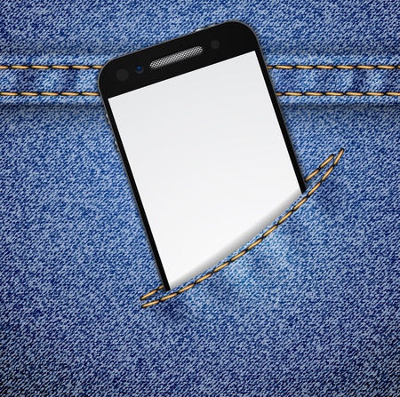 Smartphone in the jeans pocket on denim pattern. Vector illustration. It is easy to move the pocket. のイラスト素材