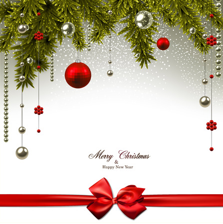 Christmas background with fir twigs and red balls. Vector illustration. のイラスト素材