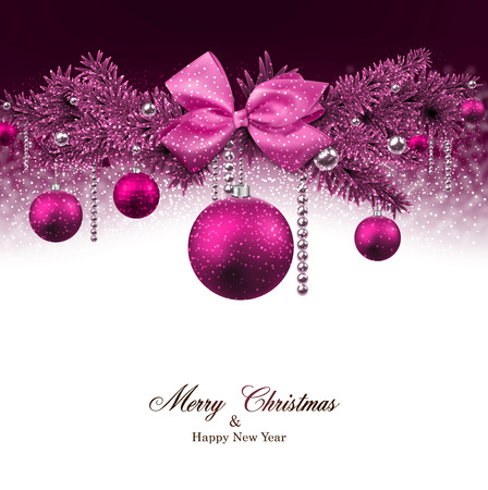 Magenta christmas background with fir twigs and balls. Vector illustration.のイラスト素材