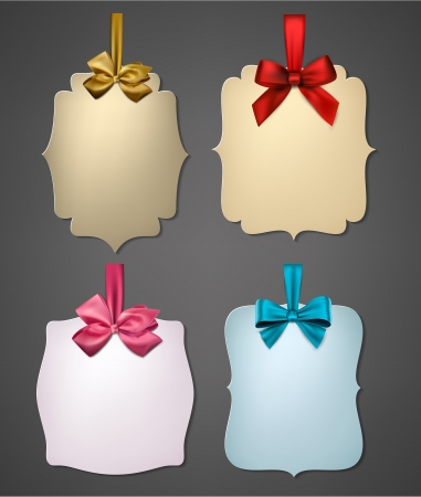 Holiday gift cards with color ribbons and satin bows. Vector illustration. のイラスト素材