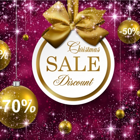 Paper sale golden christmas balls over purple winter abstract background. Vector illustration with snowflakes and sparkles. のイラスト素材