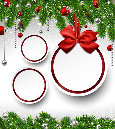 Holiday background with fir twigs and paper christmas balls. Vector illustration. のイラスト素材