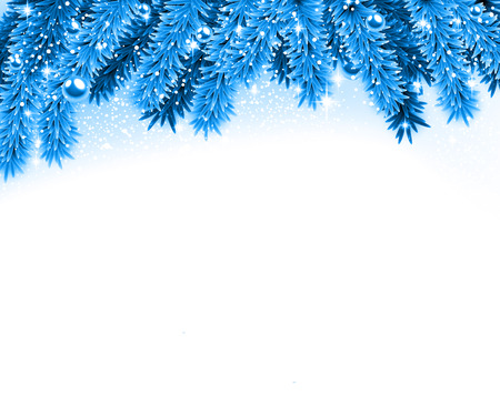 Detailed blue christmas background with fir twigs and balls. Vector illustration. のイラスト素材